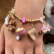 Gold Bead with Pink Hearts Stretch Bracelet