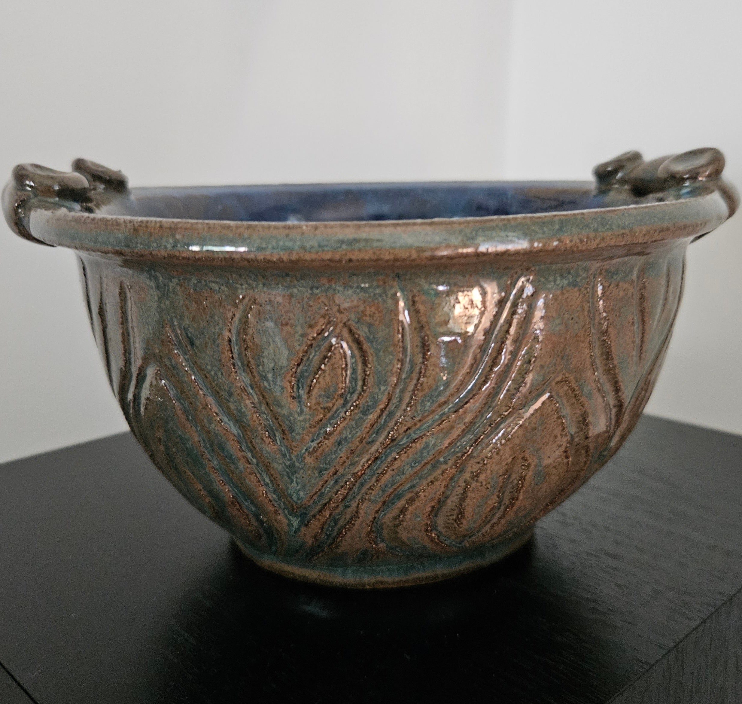 Handcrafted Blue Glazed Ceramic Bowl with Handles
