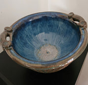 Handcrafted Blue Glazed Ceramic Bowl with Handles