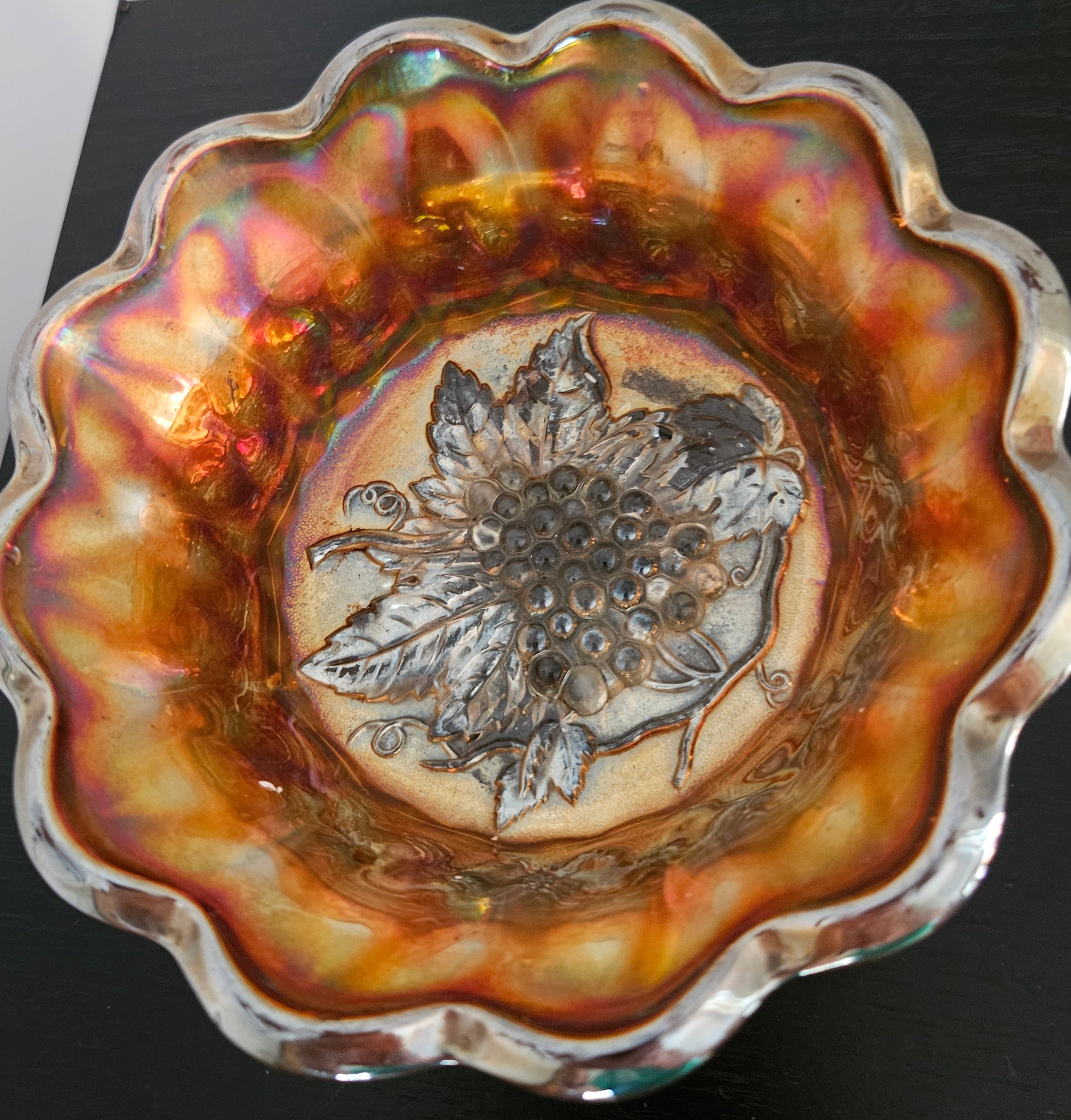 Vintage Marigold Carnival Glass Bowl with Scalloped Rim