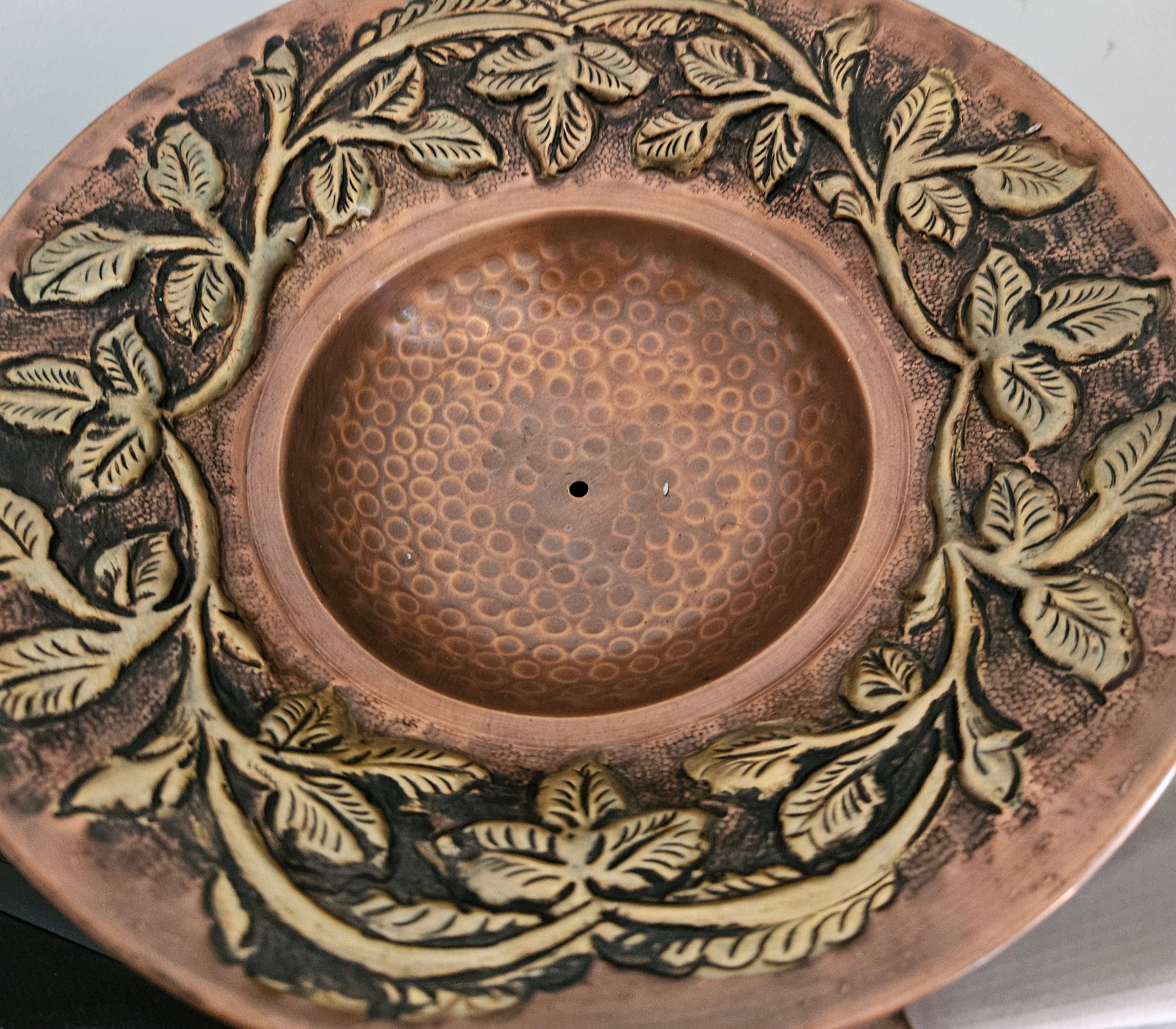 Vintage Brass and Copper Footed Bowl with Embossed Leaf Pattern