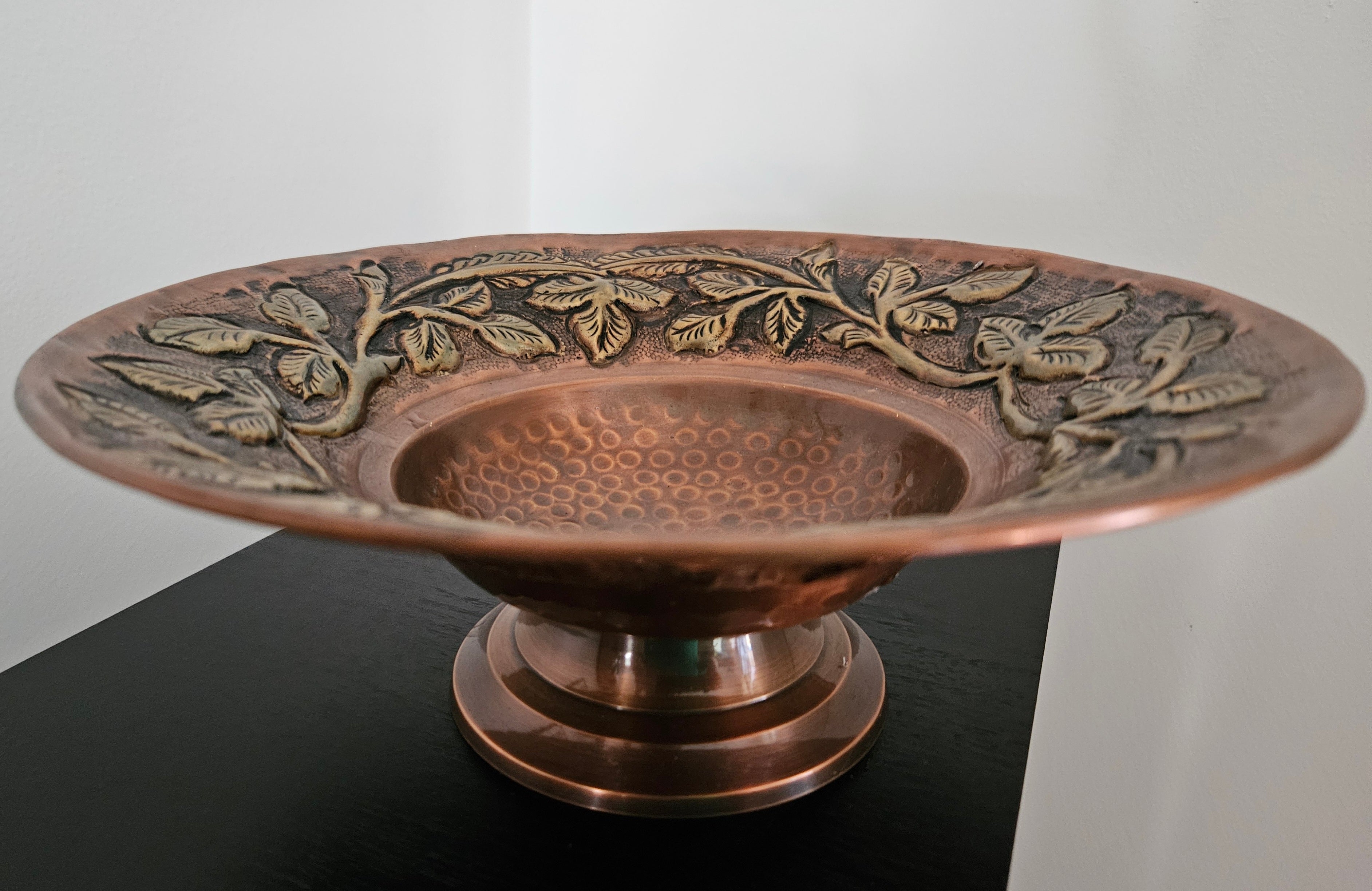 Vintage Brass and Copper Footed Bowl with Embossed Leaf Pattern