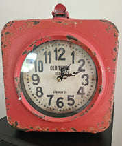 Distressed Red Metal Double Sided "Old Town Clock"