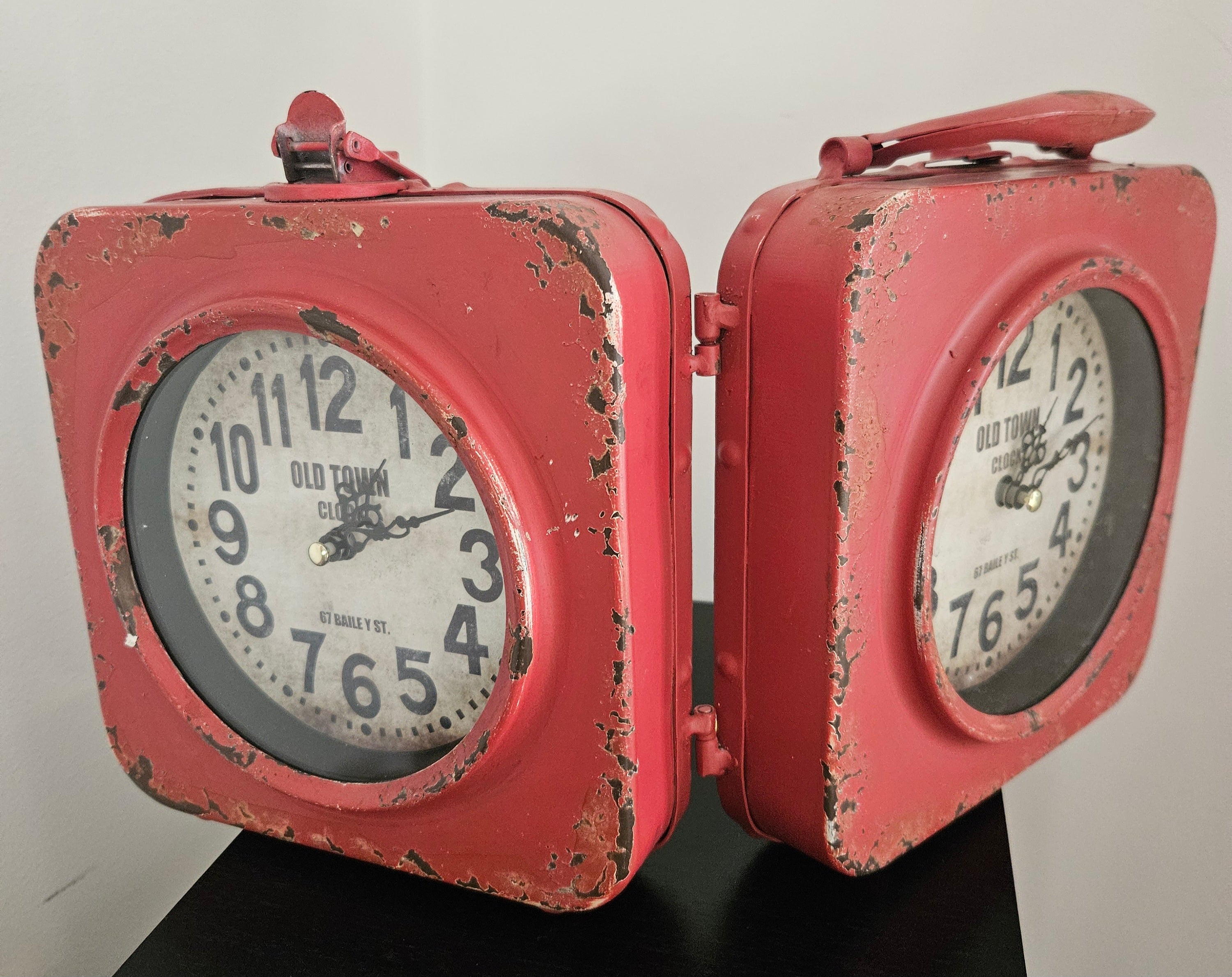 Distressed Red Metal Double Sided "Old Town Clock"