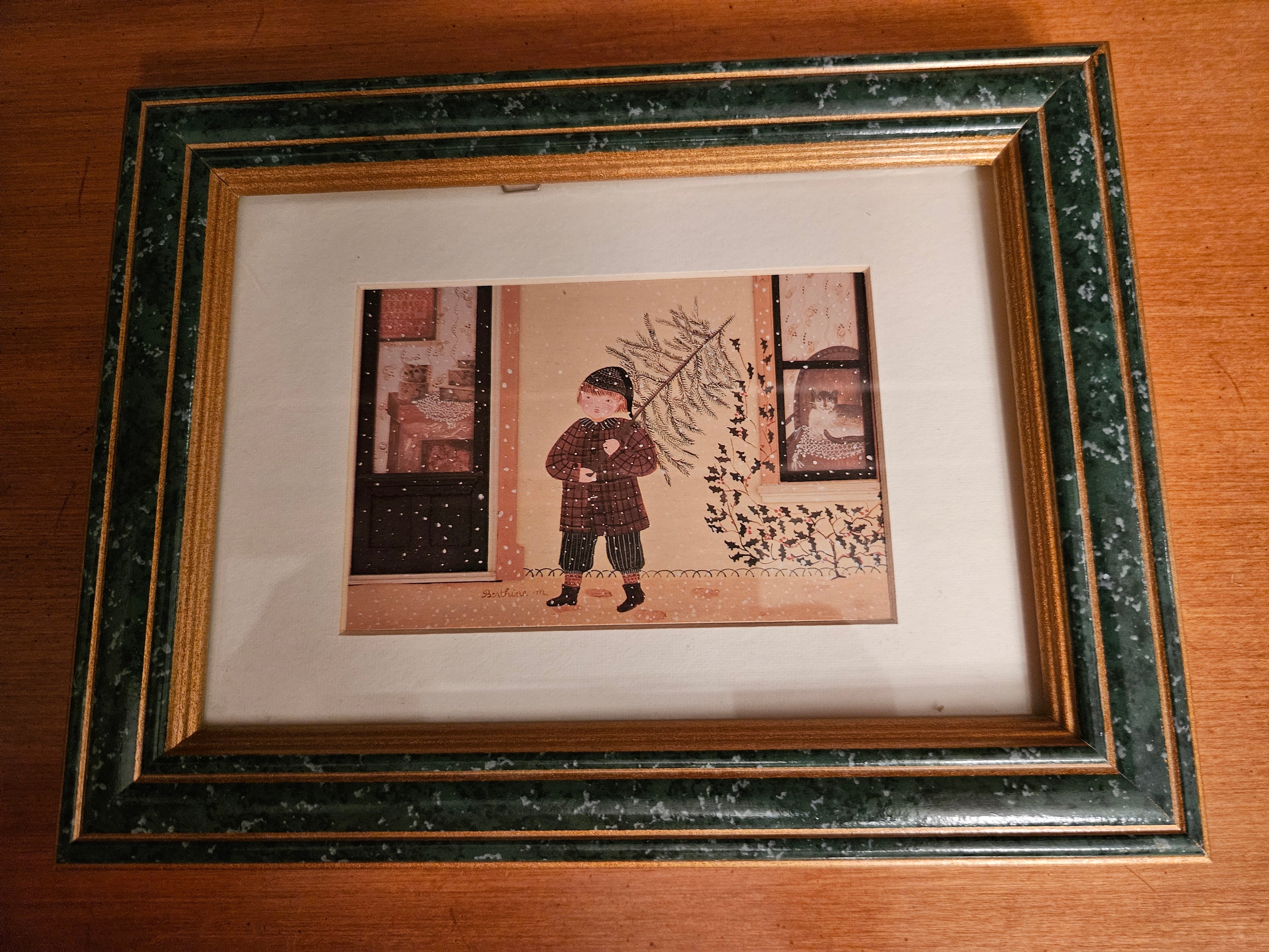 Framed Print of Boy Carrying a Tree as Snow Falls
