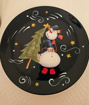 Two Snowmen Trimming Tree Plate