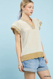 Scalloped Charm Linen Blend Top