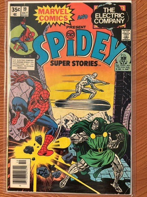 1976 MARVEL Spidey Super Stories #19.  It still has the Spidey stamp on the back cover.