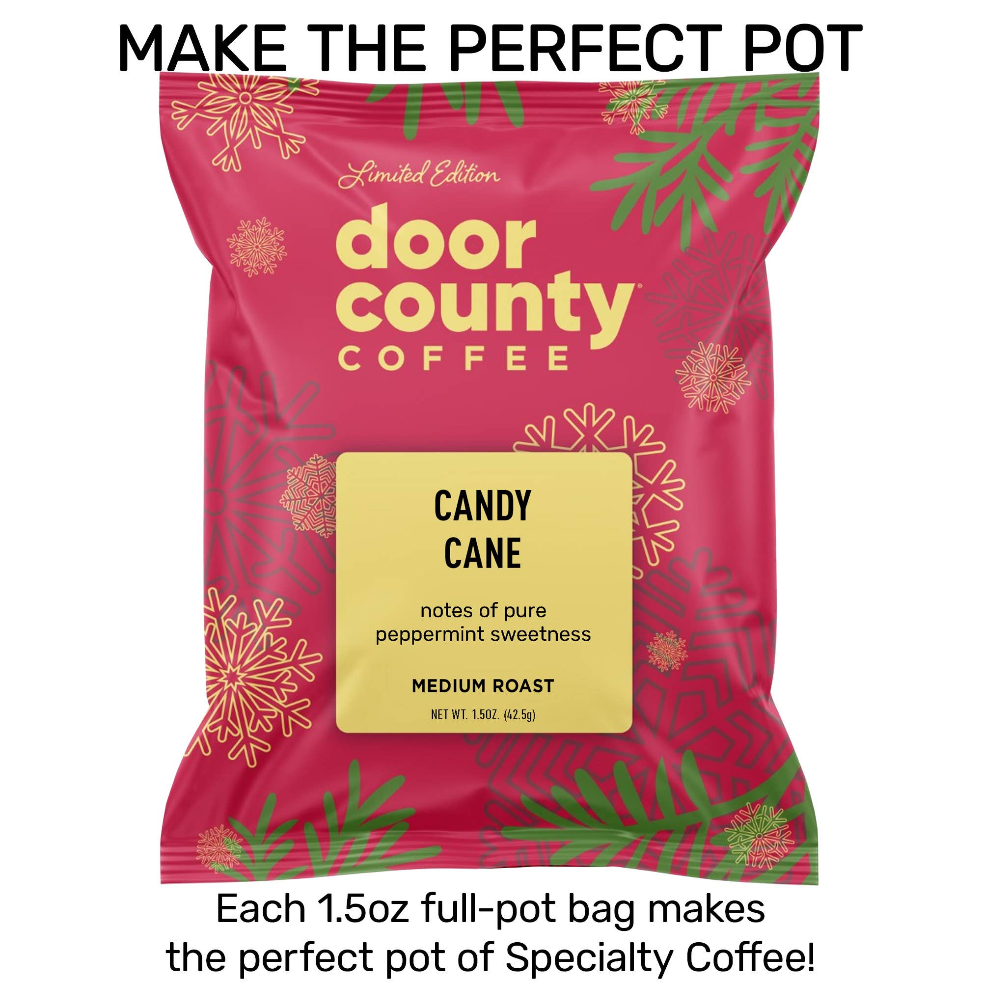 Candy Cane Java Holiday Flavored Coffee – 1.5 oz Full Pot Bag | Door County Coffee