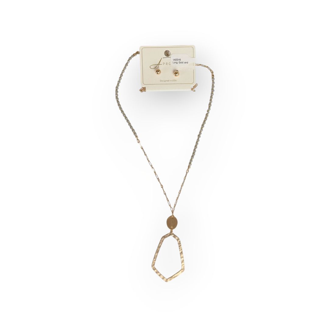 Long Gold and White Necklace with Stud Earrings Set