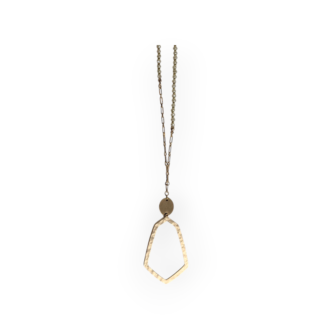 Long Gold and White Necklace with Stud Earrings Set