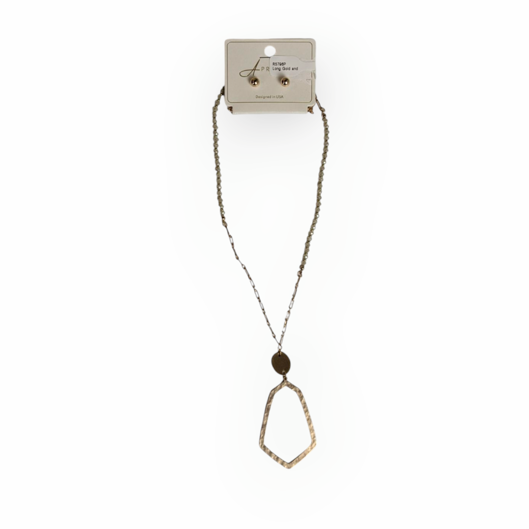 Long Gold and Gray Necklace with Stud Earrings Set
