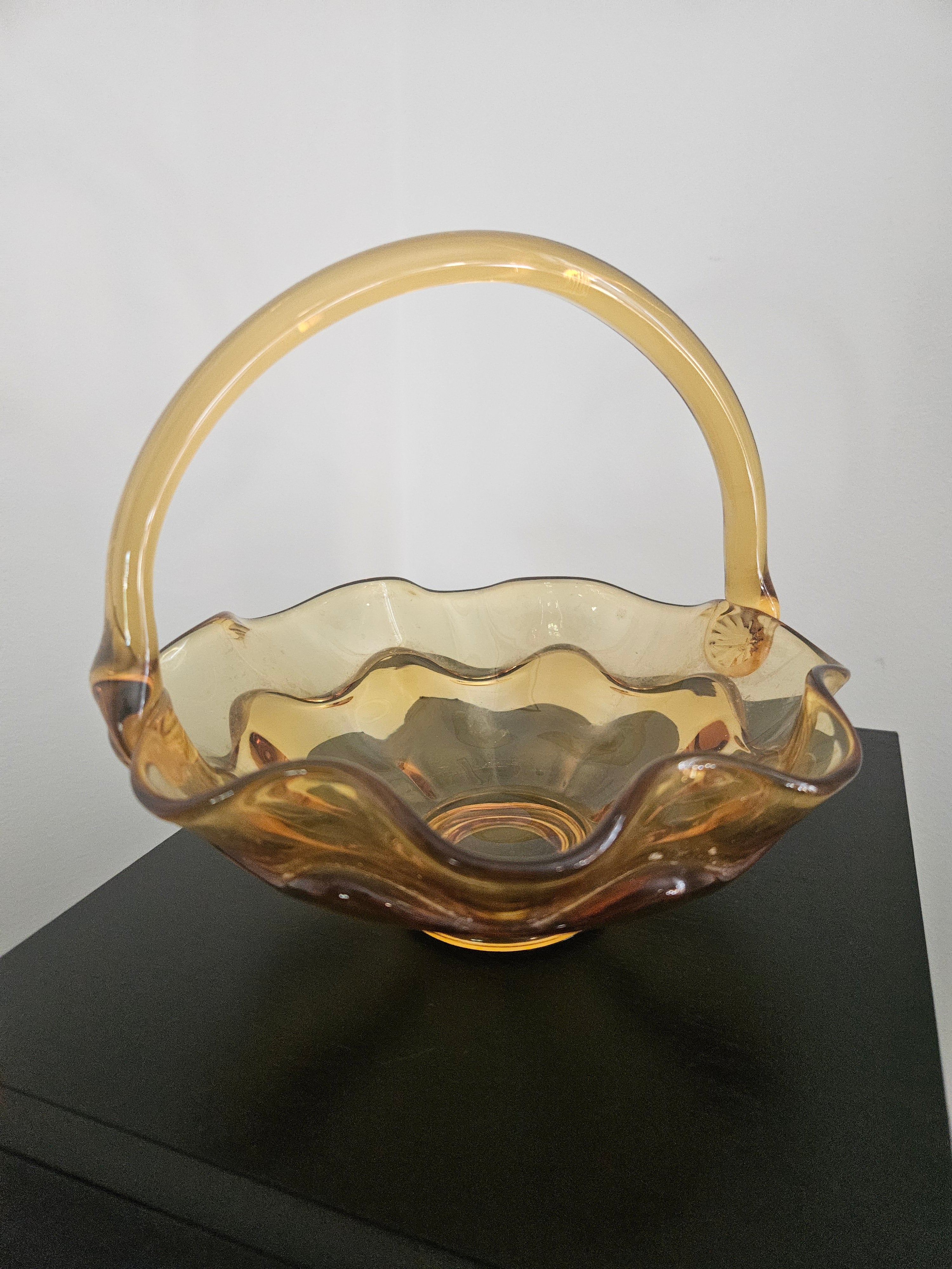 Vintage Viking "Double-Ruffled" Amber Glass Basket