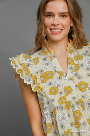 Floral Print Scalloped Sleeve Peplum Cotton Top