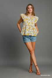 Floral Print Scalloped Sleeve Peplum Cotton Top