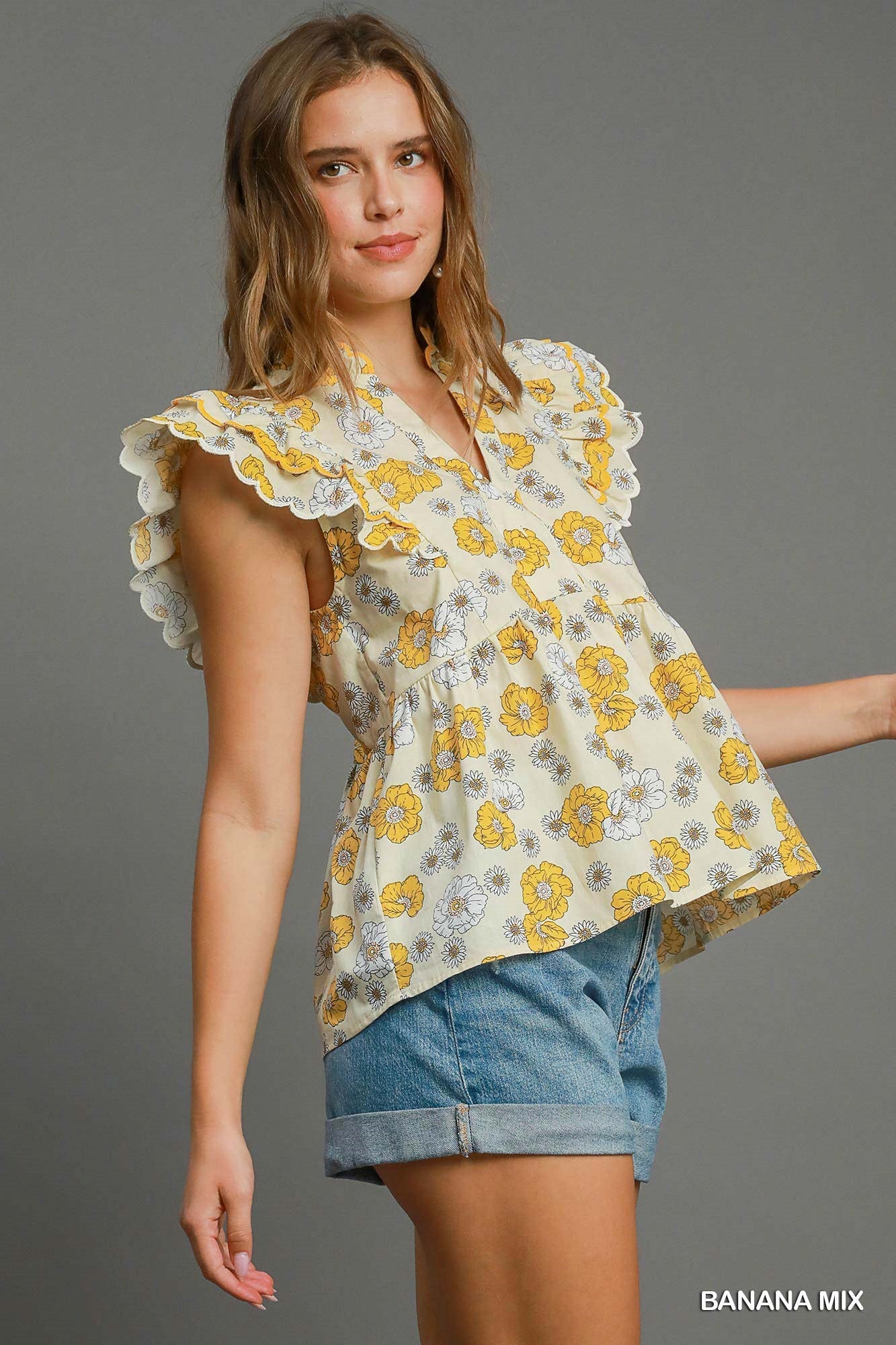 Floral Print Scalloped Sleeve Peplum Cotton Top