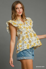 Floral Print Scalloped Sleeve Peplum Cotton Top