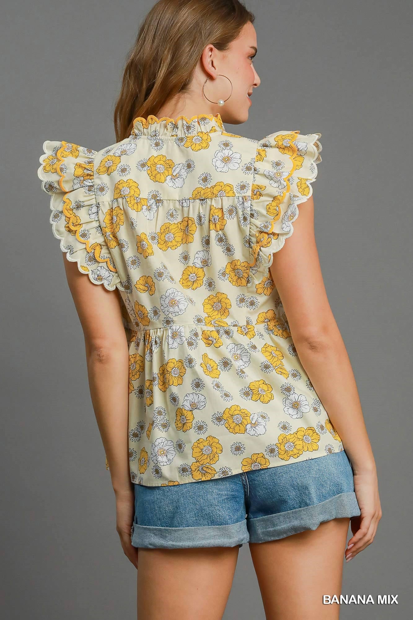 Floral Print Scalloped Sleeve Peplum Cotton Top | Medium