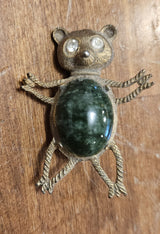 Vintage Bear Brooch with Rhinestone Eyes and Green Stone Belly