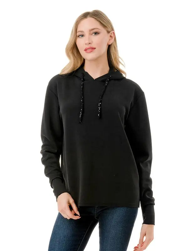 Black Long Sleeve Hoodie with Sequin Detail on String - Small by 112 - Peony Lane Boutique