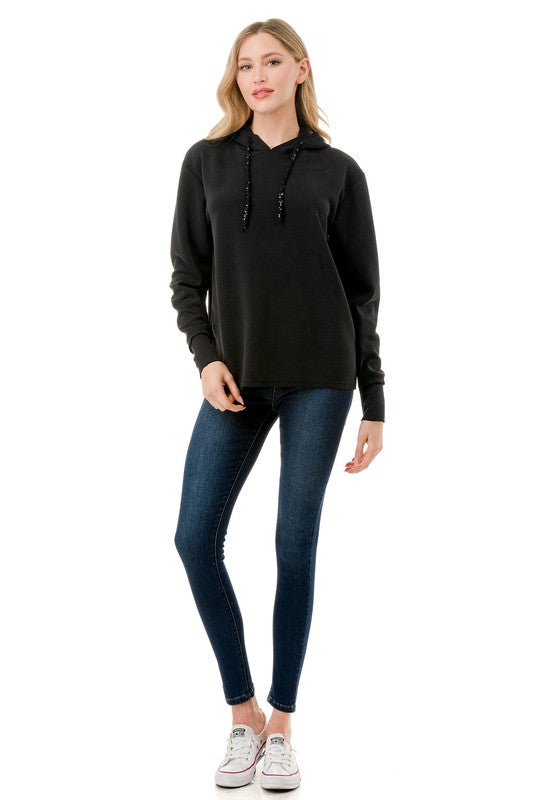 Black Long Sleeve Hoodie with Sequin Detail on String - Medium