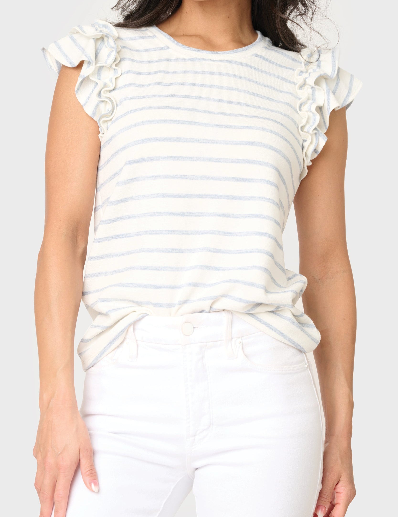 Chambray blue striped knit top with ruffle flutter sleeves and crew neckline, styled casually for everyday wear – JSQ Mercantile – a women’s boutique and gift shop in La Grange, IL.