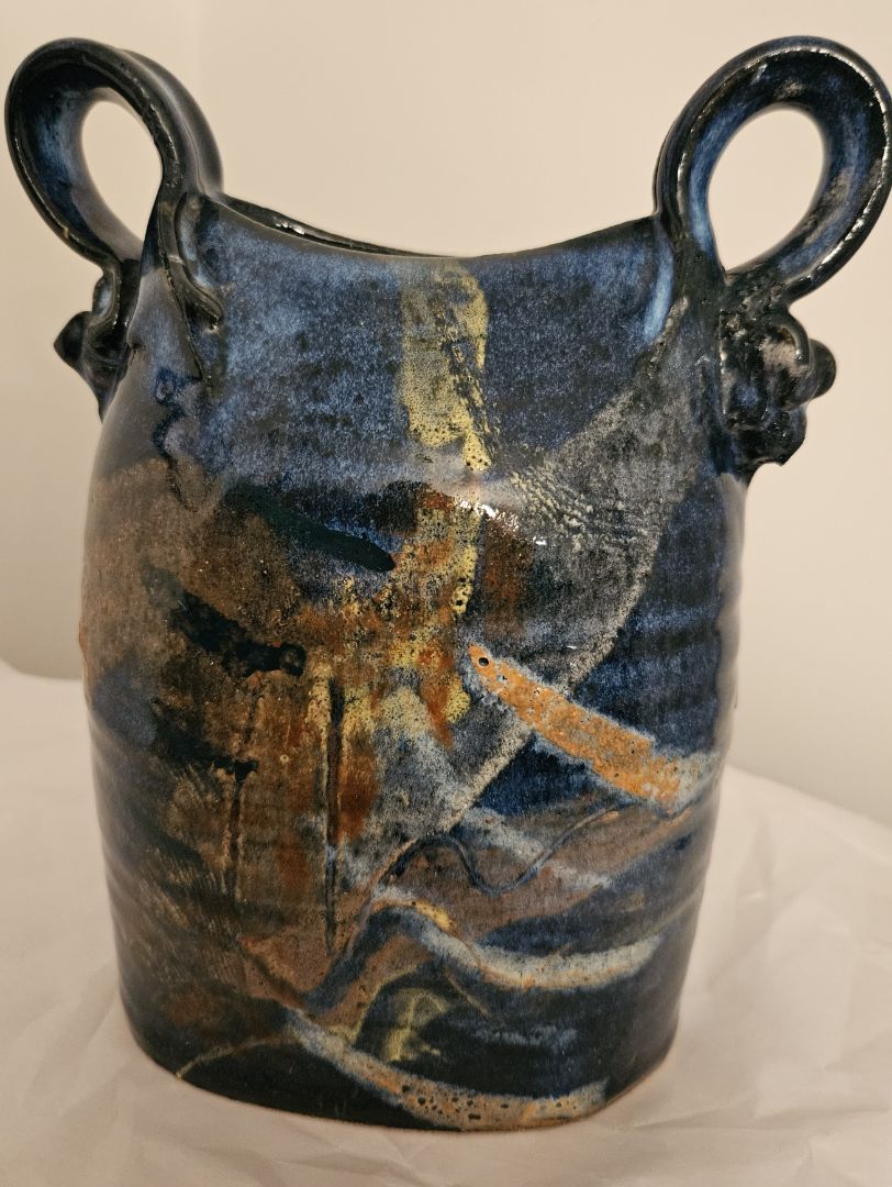 Blue Glazed Vase with Handles Signed by Flynn Sochon