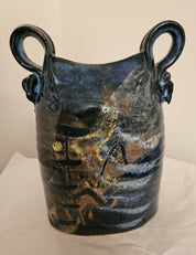 Blue Glazed Vase with Handles Signed by Flynn Sochon