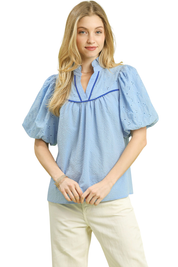 Eyelet Puff Sleeve Contrast Trim Top