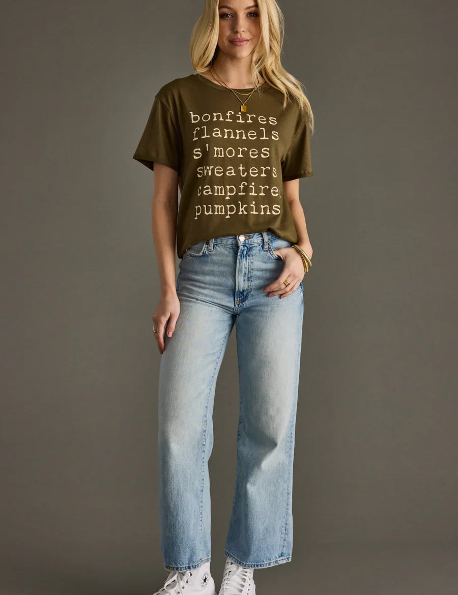 Bonfires, Flannels, S’mores Olive Graphic Tee – Cozy oversized fall t-shirt with ivory lettering | JSQ Mercantile – Women’s Boutique & Gift Shop in La Grange, IL
