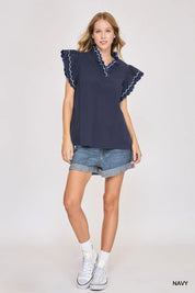 Navy Cotton Scallop Trim Ruffle Sleeve Top – Available in Plus Size!