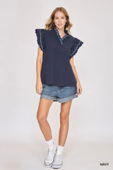 Navy Cotton Scallop Trim Ruffle Sleeve Top – Available in Plus Size!