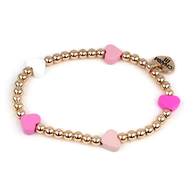 Gold Bead with Pink Hearts Stretch Bracelet