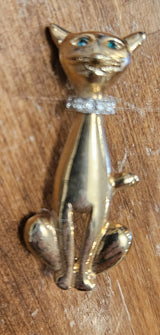 Vintage Gold Tone Cat with Rhinestone Collar & Green Stone Eyes