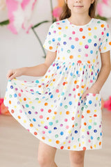 Cheerful Polka Dot Short Sleeve Dress with Pockets for Girls