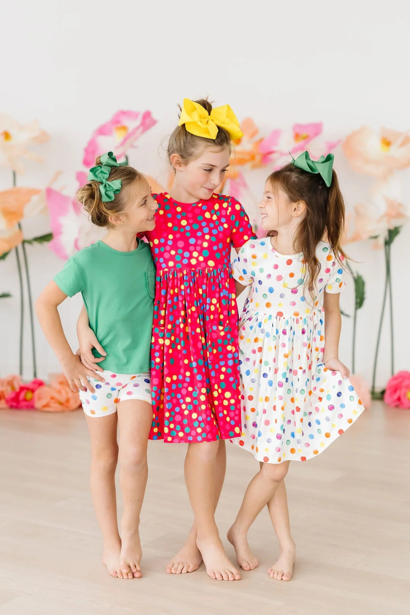 Cheerful Polka Dot Short Sleeve Dress with Pockets for Girls