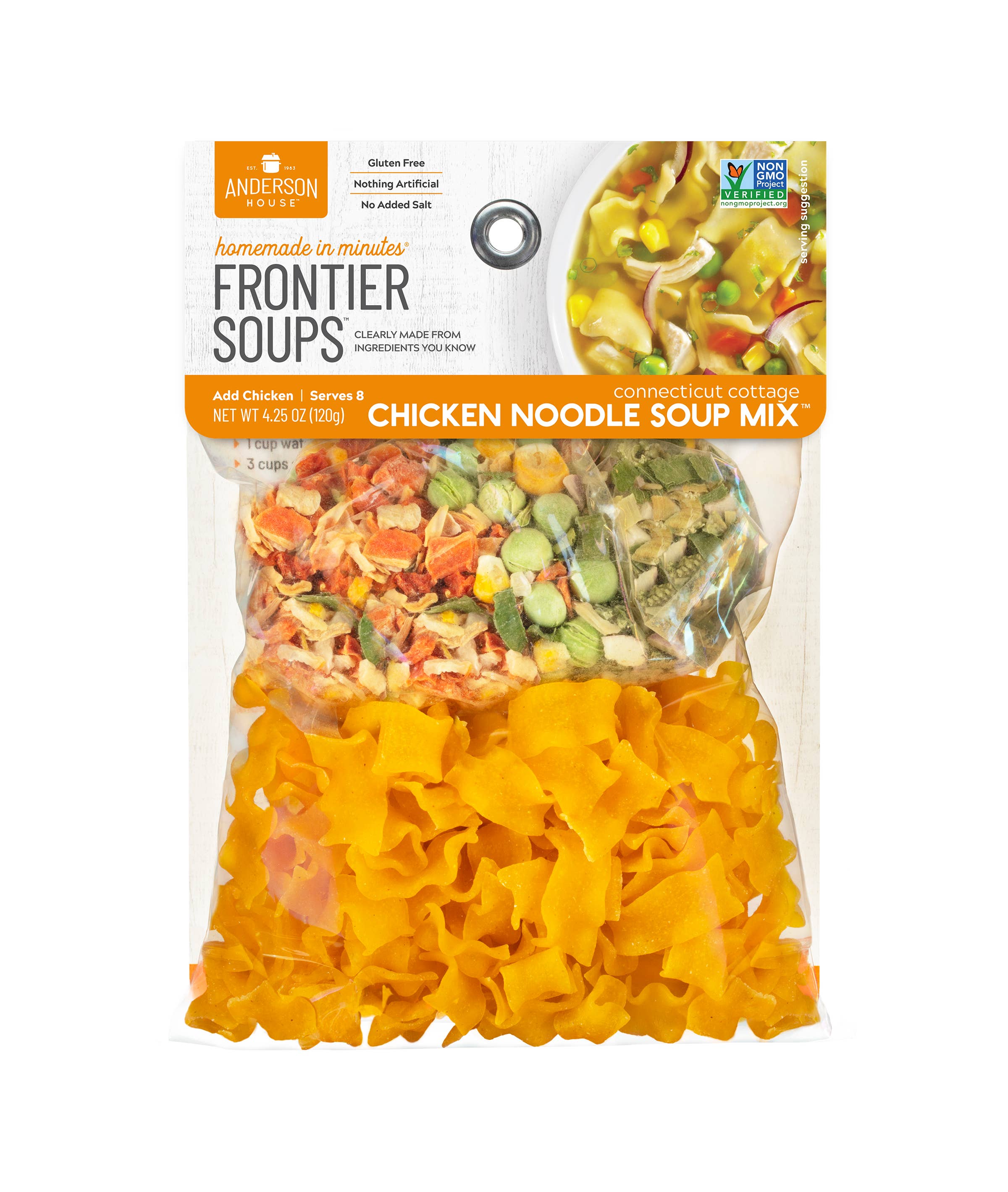 Anderson's Homemade Frontier Soups Chicken Noodle Soup Mix in a clear plastic bag with visible yellow noodles and mixed vegetables, on a white background.