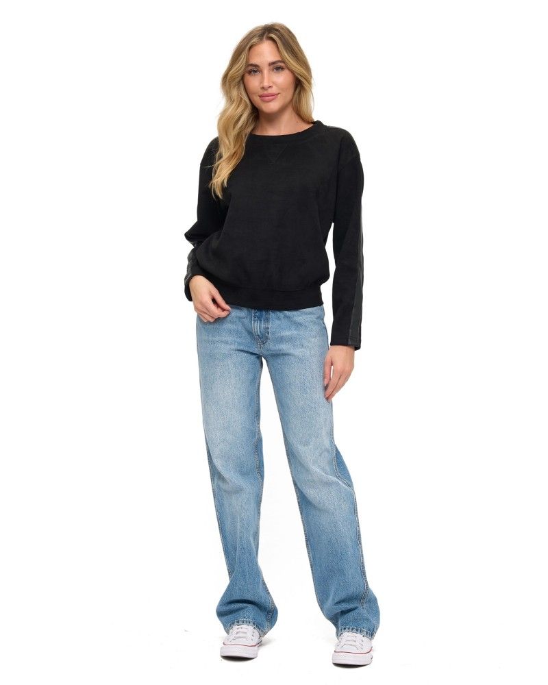 Ariella Crewneck Scuba Sweater with Faux Leather Detail on Sleeve