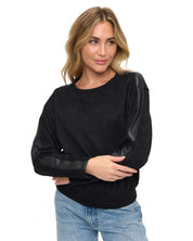Ariella Crewneck Scuba Sweater with Faux Leather Detail on Sleeve