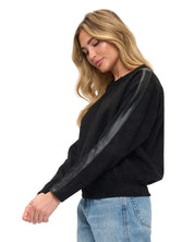 Ariella Crewneck Scuba Sweater with Faux Leather Detail on Sleeve