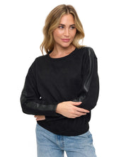 Ariella Crewneck Scuba Sweater with Faux Leather Detail on Sleeve