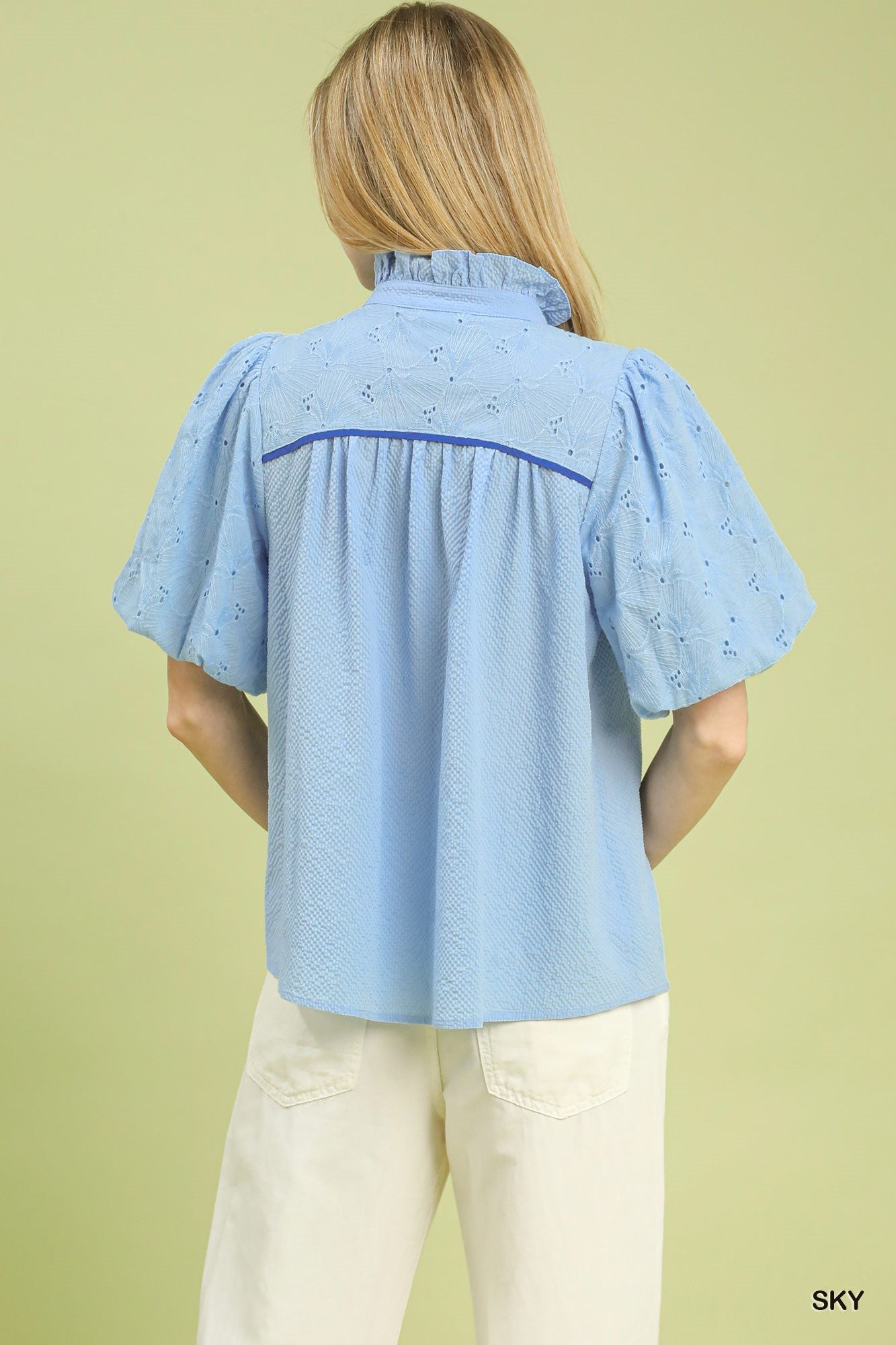 Eyelet Puff Sleeve Contrast Trim Top