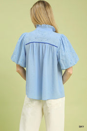 Eyelet Puff Sleeve Contrast Trim Top