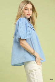 Eyelet Puff Sleeve Contrast Trim Top | Large