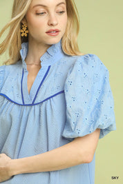 Eyelet Puff Sleeve Contrast Trim Top | Large