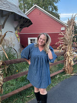 V-Neck Denim-Like Puff Sleeve Dress, Medium Wash | Tribal Clothing