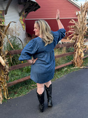 V-Neck Denim-Like Puff Sleeve Dress, Medium Wash | Tribal Clothing