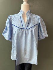 Eyelet Puff Sleeve Contrast Trim Top