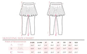 Skegging size chart with measurements for different age groups on a white background.