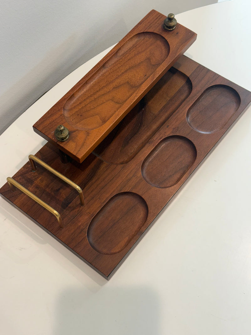 MCM wood and brass desk organizer — alternate view